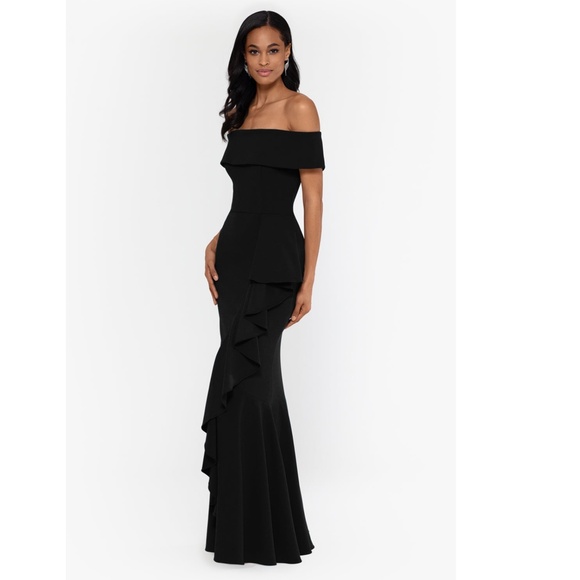 NEW Betsy & Adam BLACK Carina OFF THE SHOULDER Crepe RUFFLE Mermaid GOWN - Picture 11 of 13